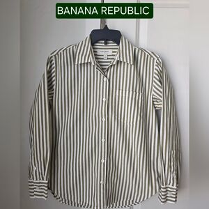 Banana Republic Cotton Olive and White Striped Button-down Longsleeves Shirt
